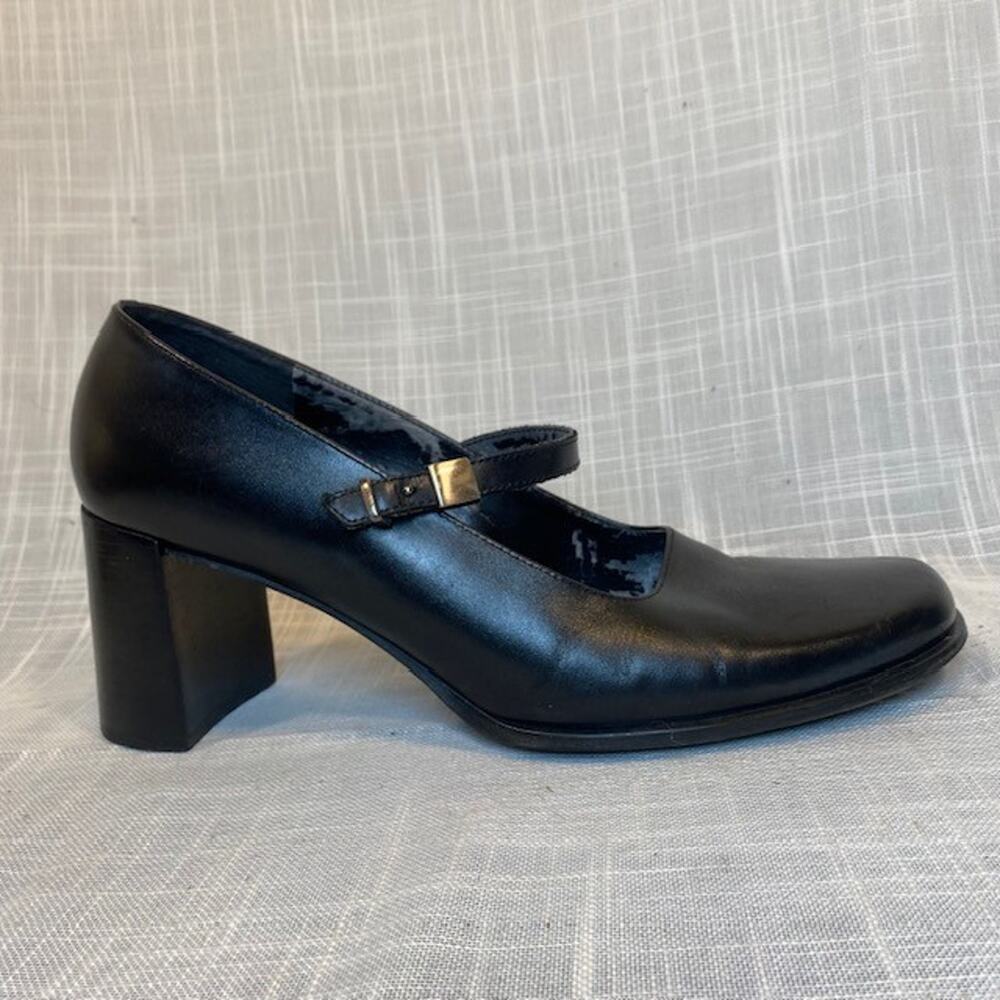CATHY JEAN Black Leather Mary Jane Buckle Pumps 2.75 inch Heels Womens 10 Brazil